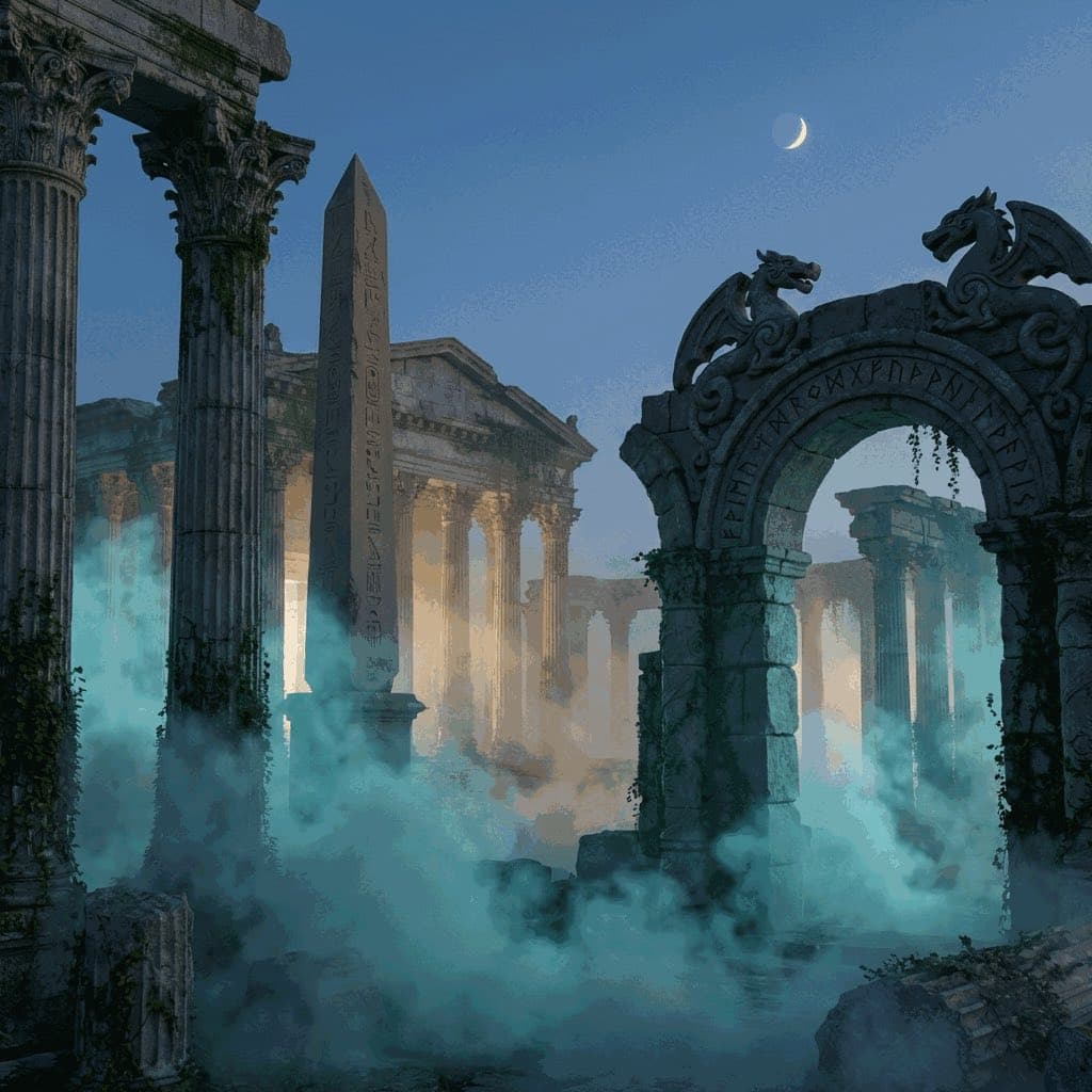 A panoramic scene inspired by the major pantheons of world mythology